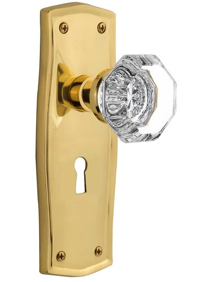 Prairie Design Mortise Lock Set With Waldorf Crystal Knobs in Un-Lacquered Brass.